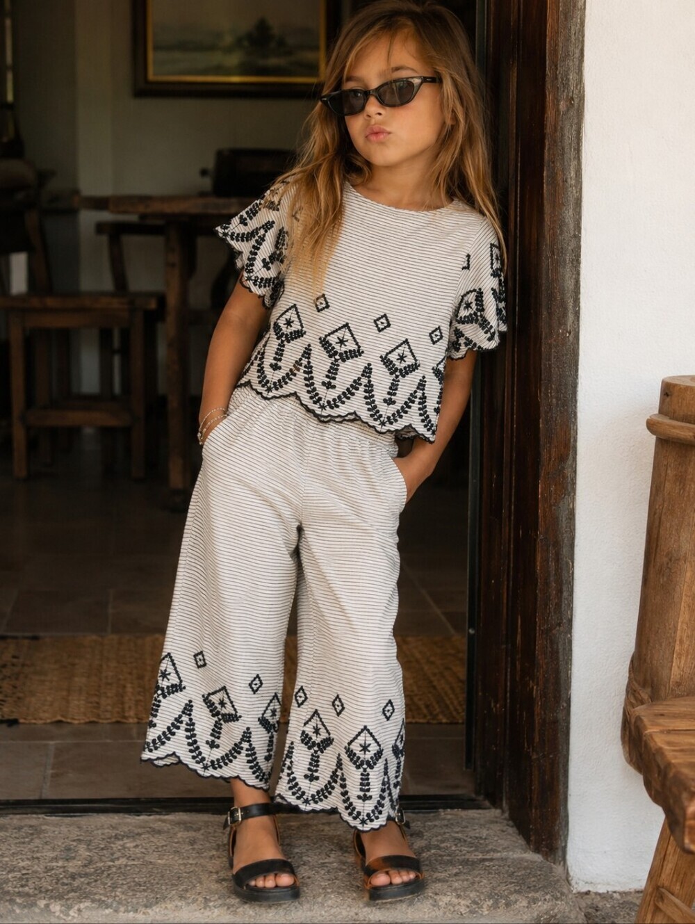 Zara Girls Embroidered Eyelet 2Pc Set Boho Cottagecore Stripe Top 7Y Pants 8Y